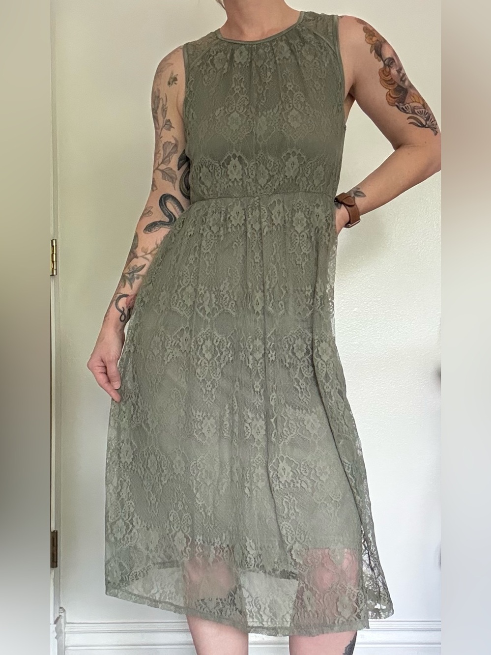 Forever 21 Olive Green Lace Midi Dress - size Medium